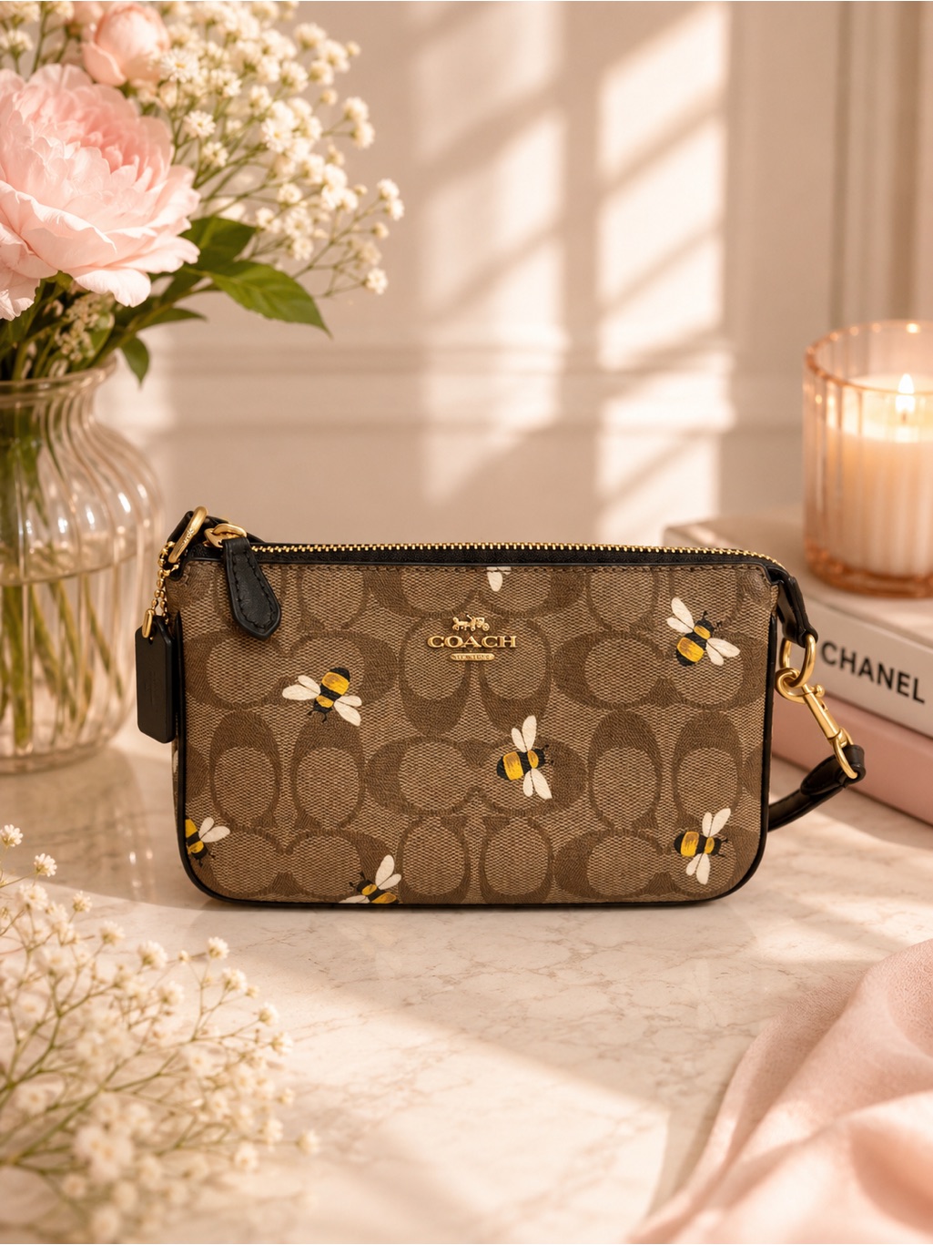 Coach Brown Bee Print Signature Nolita 19 Gold Hardware Small Designer Euc